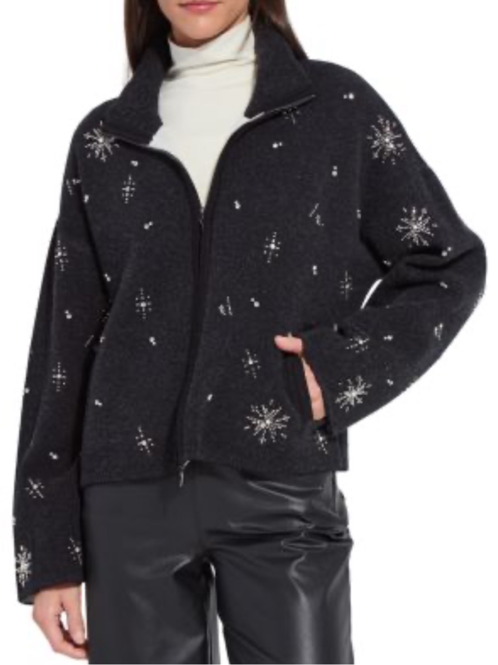 LYSSE Scottie Crystal Pearl Beads Embellished Knit Zip Front Jacket (Plus) Sz 2X